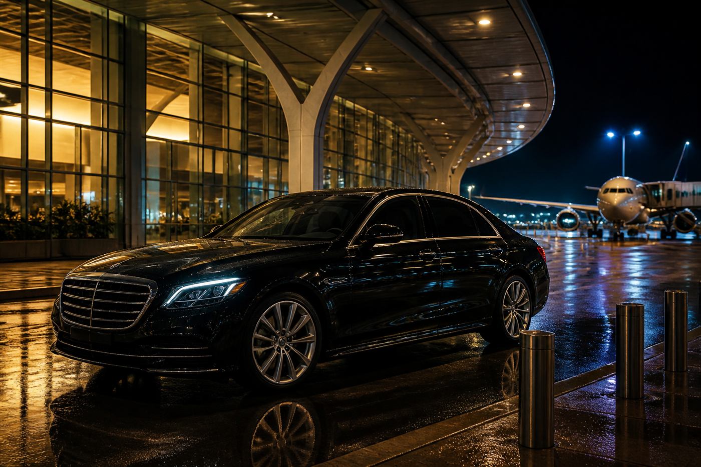 Luxury Airport Sedan Luxury black sedan for private airport transportation at a Toronto terminal at night