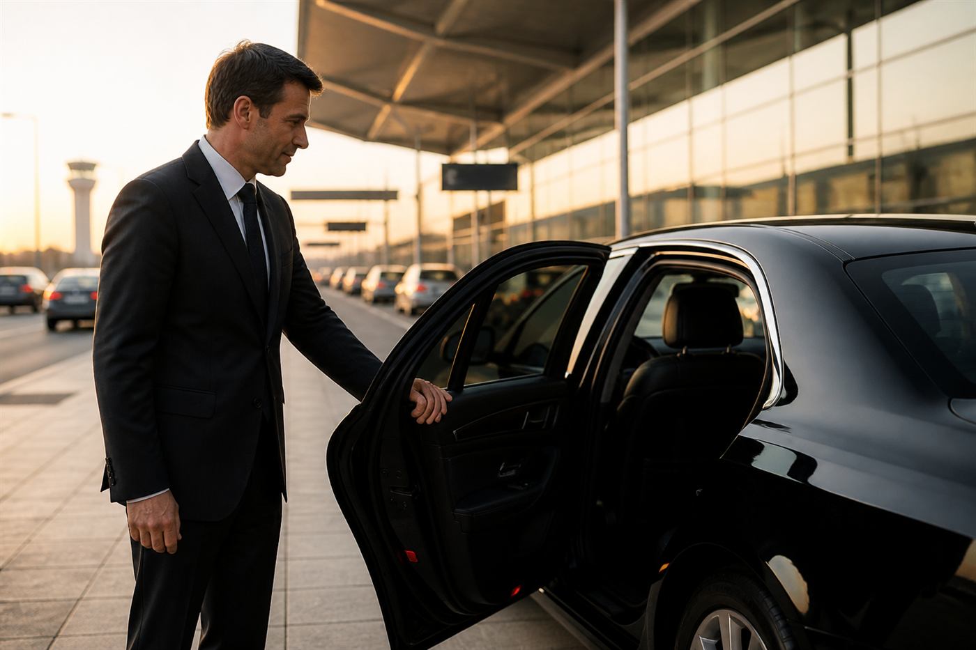 Professional chauffeur opening the door for a private transfer client